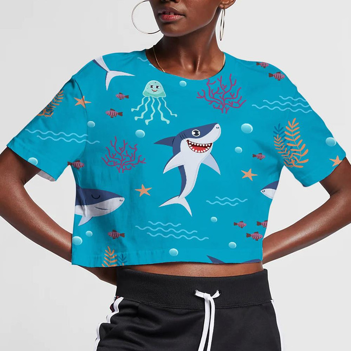 Cute Marine Fishes Smiling Shark Characters And Sea Underwater World 3D Women's Crop Top