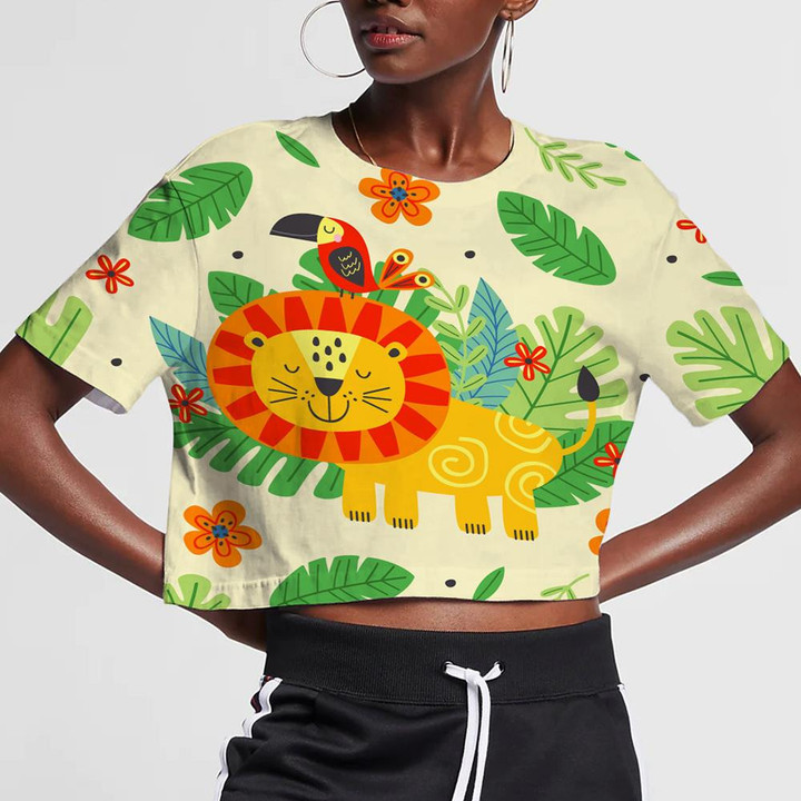 Cute Lion And Parrot In Colorful Plant 3D Women's Crop Top