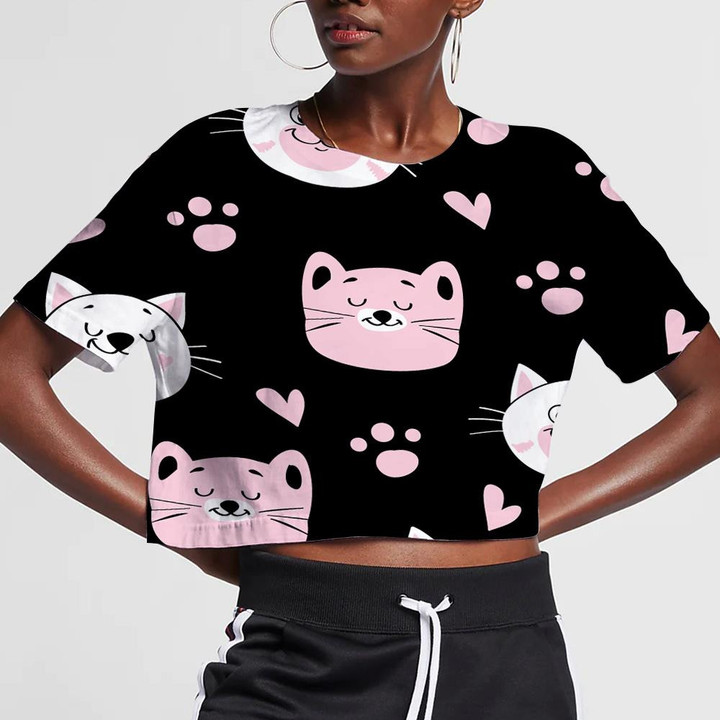 Cute Head Of White And Pink Cats In Kawaii Style 3D Women's Crop Top