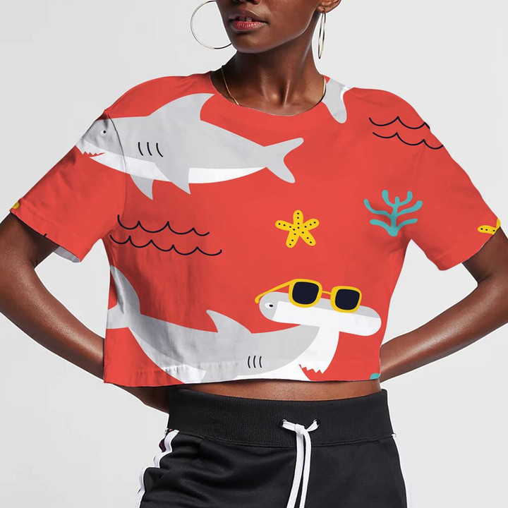 Cute Grey Sharks And Seaweed Pattern On Coral Background 3D Women's Crop Top