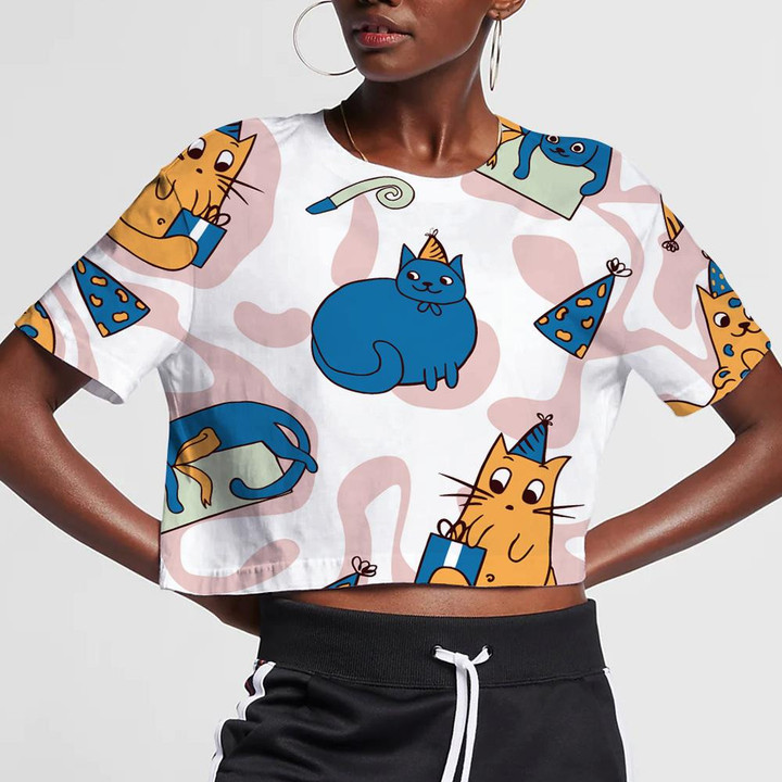 Cute Colorful Birthday Cats And Present Boxes 3D Women's Crop Top