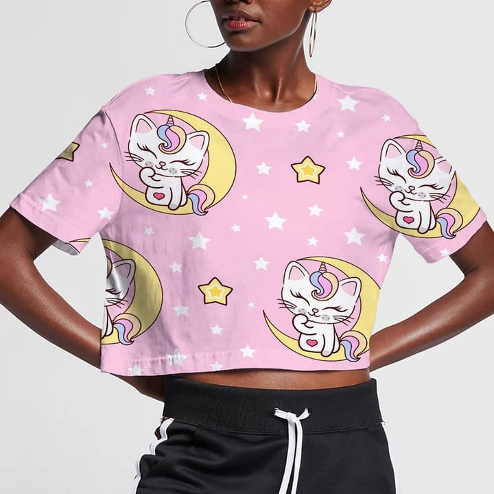 Cute Cat Unicorn On The Moon On Pink Background 3D Women's Crop Top