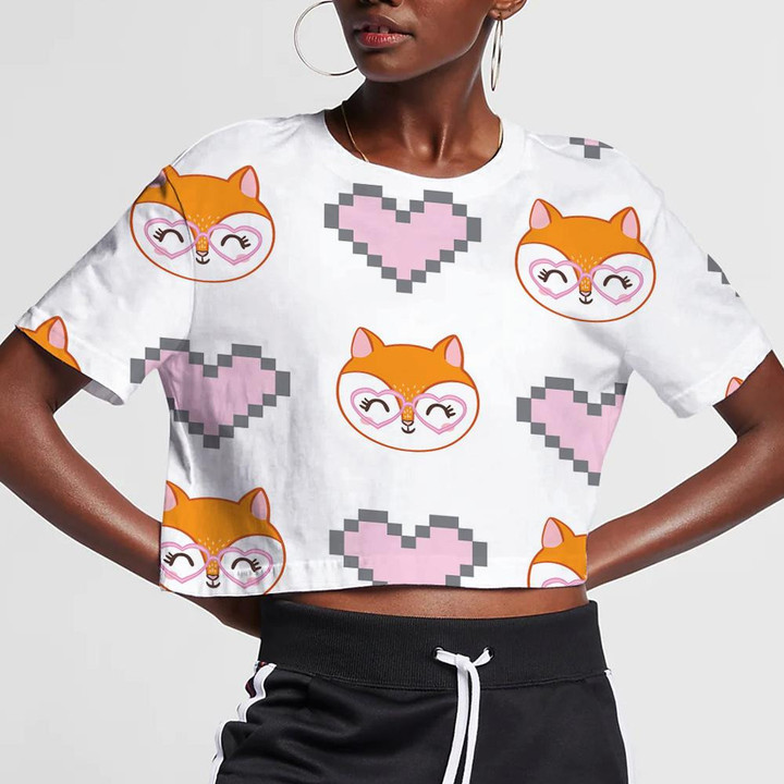 Cute Cartoon Fox Face With Pink Glasses And Hearts Pattern 3D Women's Crop Top