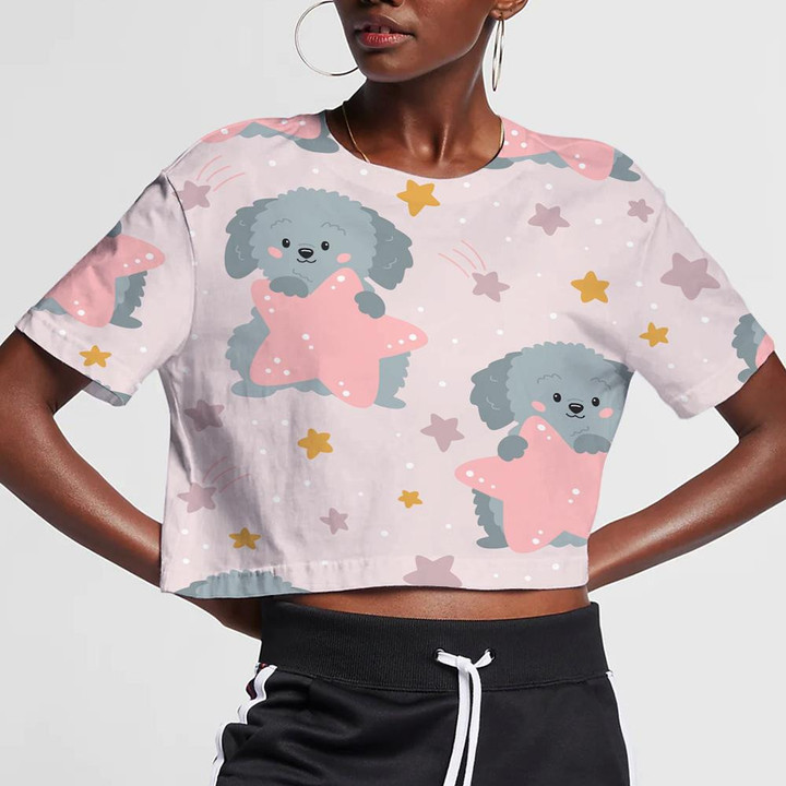 Cute Cartoon Dog And Stars On Pink Background 3D Women's Crop Top