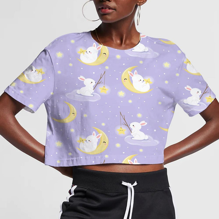 Cute Bunny Sitting On Cloud And Moon In Starry Sky 3D Women's Crop Top