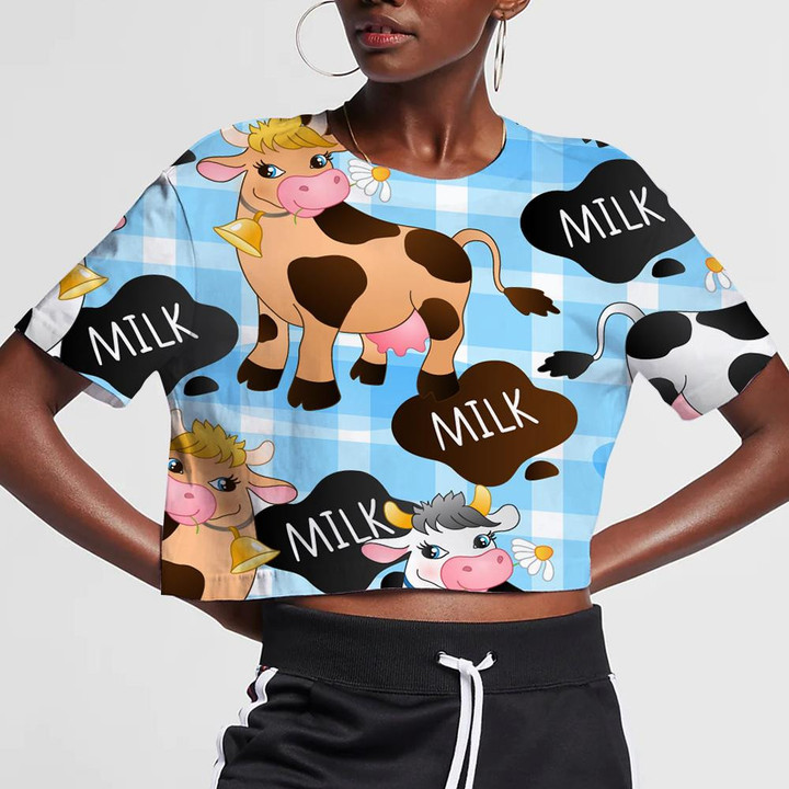 Cute Beautiful Cow In Different Colors On Checkered Blue 3D Women's Crop Top