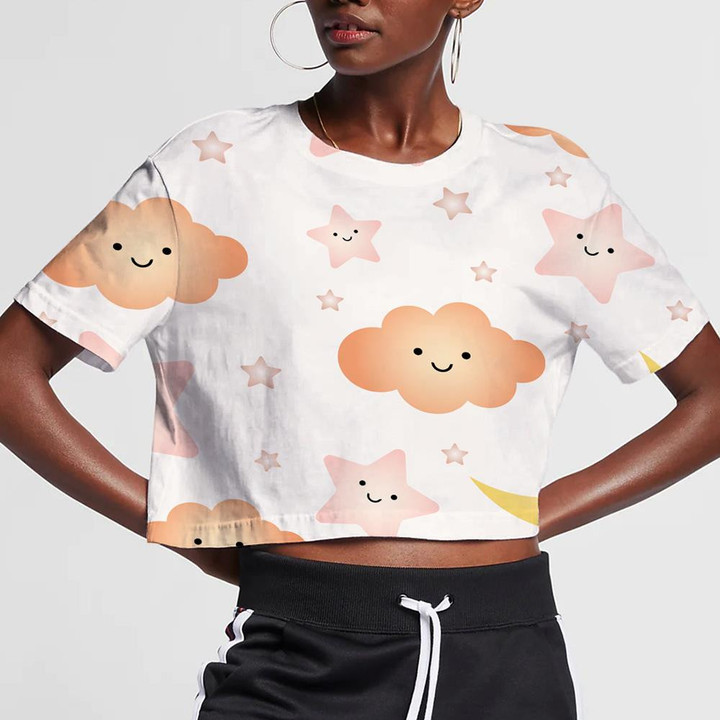 Cute Baby Shower Clouds Stars And Moon With Faces 3D Women's Crop Top