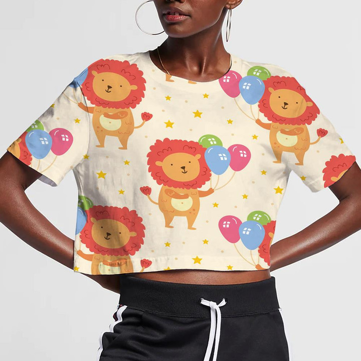Cute Animal Lion With Colorful Balloons 3D Women's Crop Top