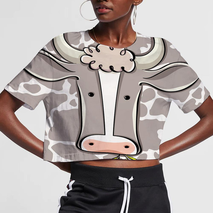 Cow Head With Cow Skin Doodle Style 3D Women's Crop Top