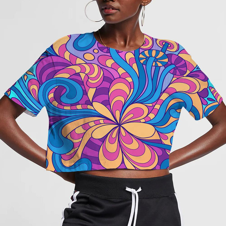 Colorful Magic Mushrooms Doodle Pattern In Hippie Style 3D Women's Crop Top