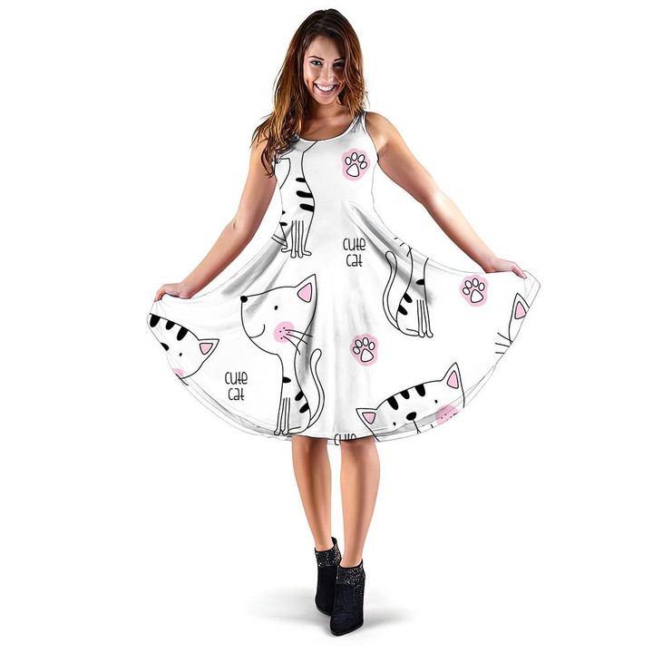 Cute Cats And Pink Paw On White 3d Sleeveless Midi Dress