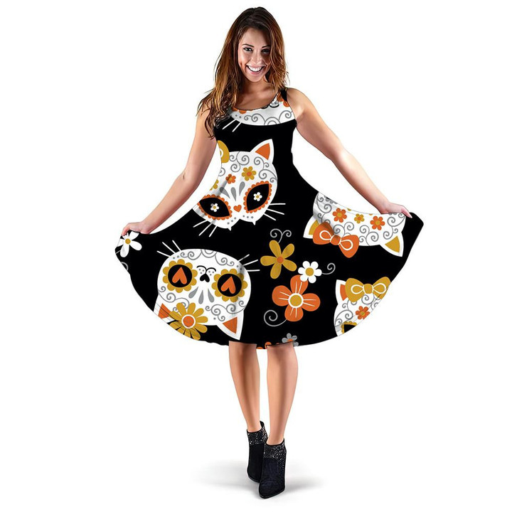 Cute Cat Sugar Skulls And Flowers On Black Background 3d Sleeveless Midi Dress
