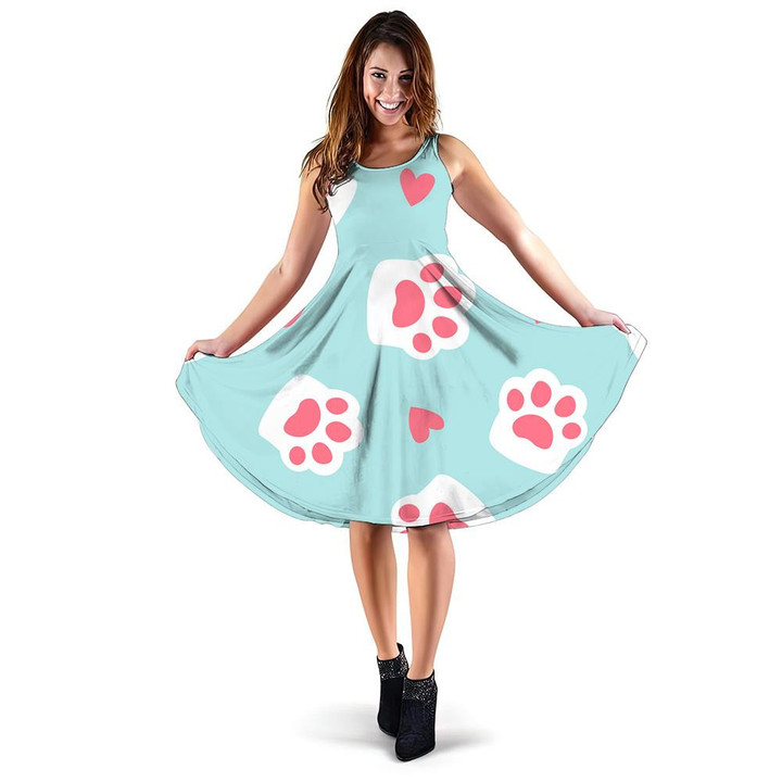 Cute Cat Footprint And Heart Simple Cartoon 3d Sleeveless Midi Dress
