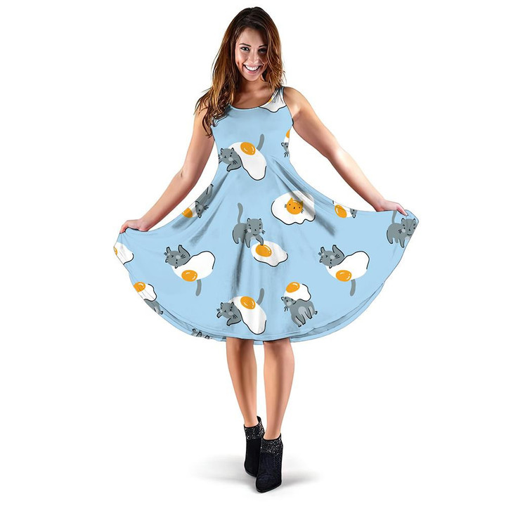 Cute Cat And Fried Eggs On Blue Background 3d Sleeveless Midi Dress