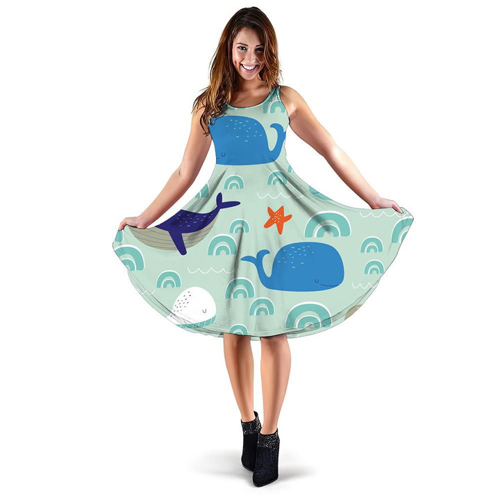 Cute Cartoon Stye Baby Fishes And Waves In Turquoise Design 3d Sleeveless Midi Dress