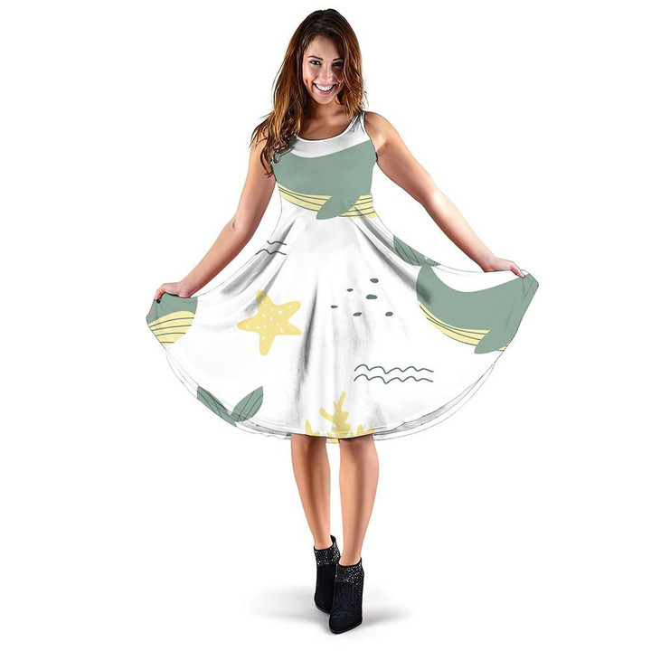 Cute Cartoon Pattern Of Sea World With Whales Starfish And Corals 3d Sleeveless Midi Dress