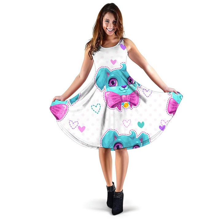Cute Blue Young Dog Faces With Big Pink Bow 3d Sleeveless Midi Dress