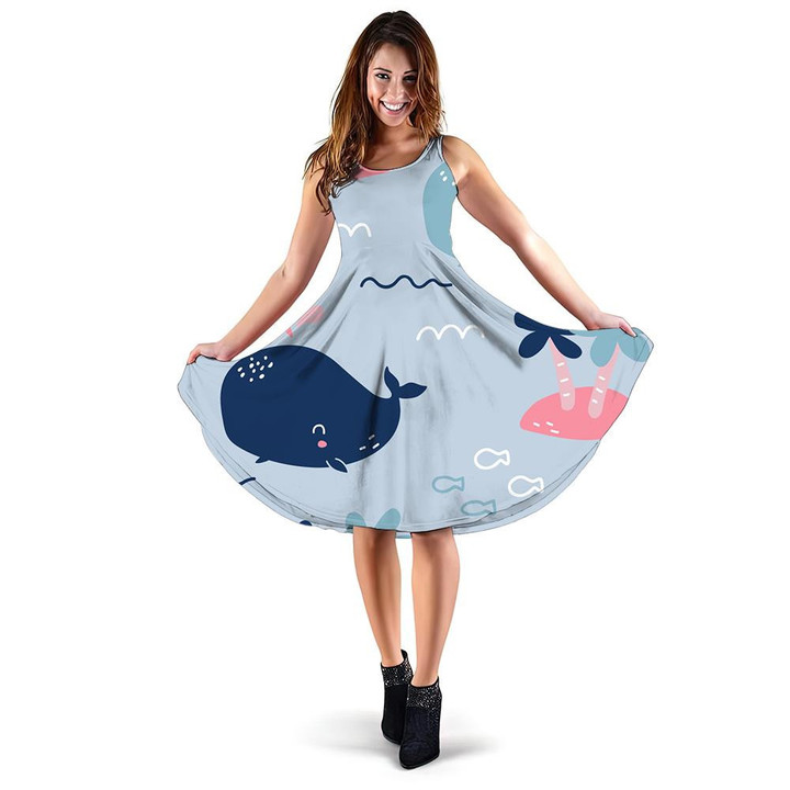 Cute Baby Whale In The Sea By The Tropical Island Cartoon Design 3d Sleeveless Midi Dress