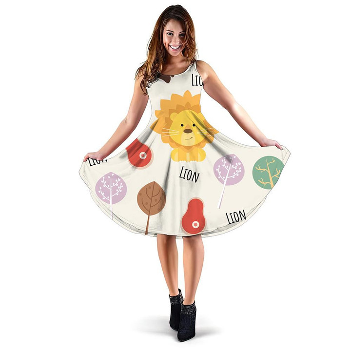 Cute Baby Lion With Footprint Tree And Meat 3d Sleeveless Midi Dress