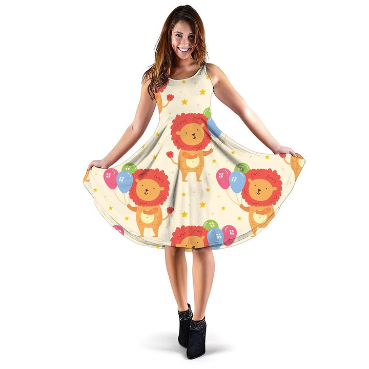 Cute Animal Lion With Colorful Balloons 3d Sleeveless Midi Dress