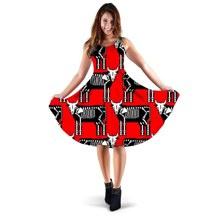 Cow Skeleton Pixel Art On Red 3d Sleeveless Midi Dress