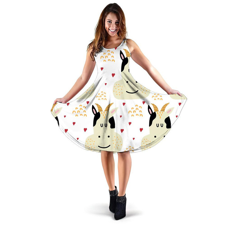 Cow Head And Small Red Heart 3d Sleeveless Midi Dress