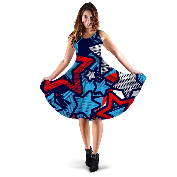 Comic Book Style Stars 4th July USA Independence Day 3d Sleeveless Midi Dress