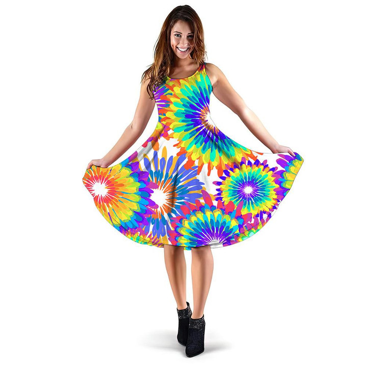 Colorful Tie Dye Painting In The Form Of Sunflowers Pattern 3d Sleeveless Midi Dress
