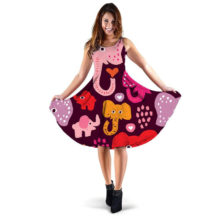 Colorful Circus Elephant In Different Size 3d Sleeveless Midi Dress