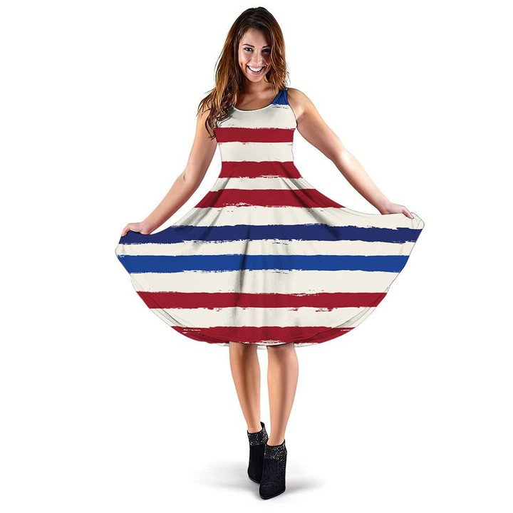 Color Changing Red And Blue Striped Pattern 3d Sleeveless Midi Dress