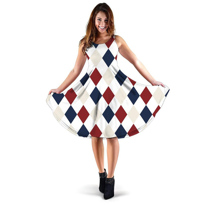 Classic Diamond Repeating Pattern In Red Blue And White 3d Sleeveless Midi Dress