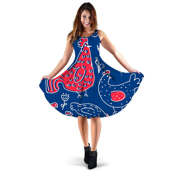 Chicken And Rooster With Egg On Blue Background 3d Sleeveless Midi Dress