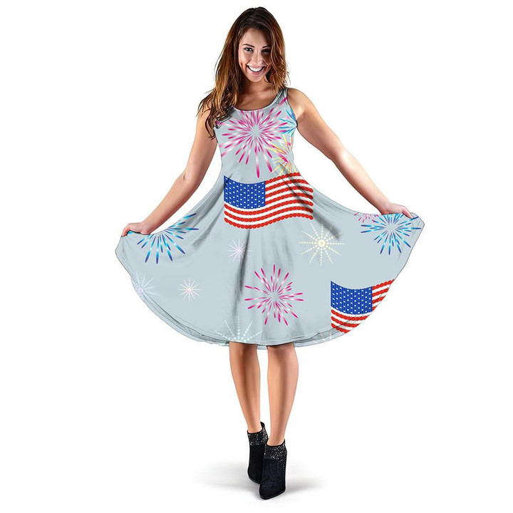 Cheer For Independence Day With Colorful Fireworks Pattern 3d Sleeveless Midi Dress