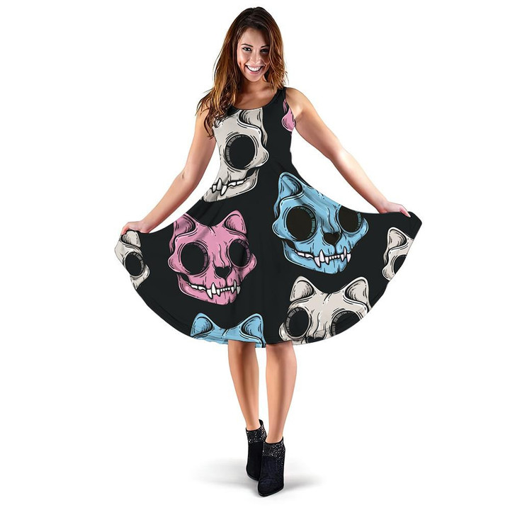 Cat Skull Scary Background In Modern Line Art Style 3d Sleeveless Midi Dress