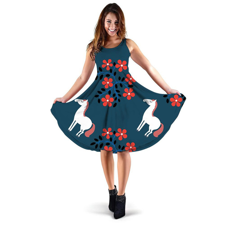 Cartoon Style Horse And Red Flowers 3d Sleeveless Midi Dress