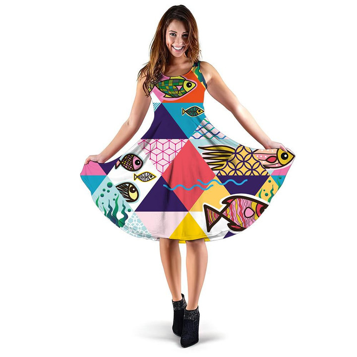 Cartoon Sea Fishes Of Doodles Trendy Style On Colorful Geometric Background 3d Sleeveless Midi Dress