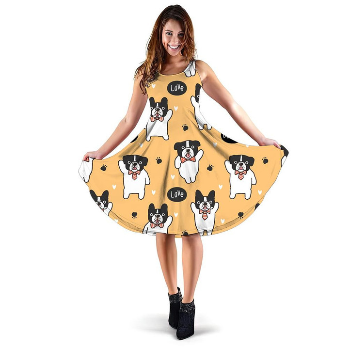 Cartoon Bulldog Yellow With Hearts And Paws 3d Sleeveless Midi Dress