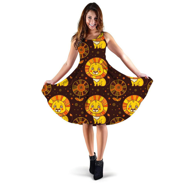 Brown Background With Lions And Flowers 3d Sleeveless Midi Dress