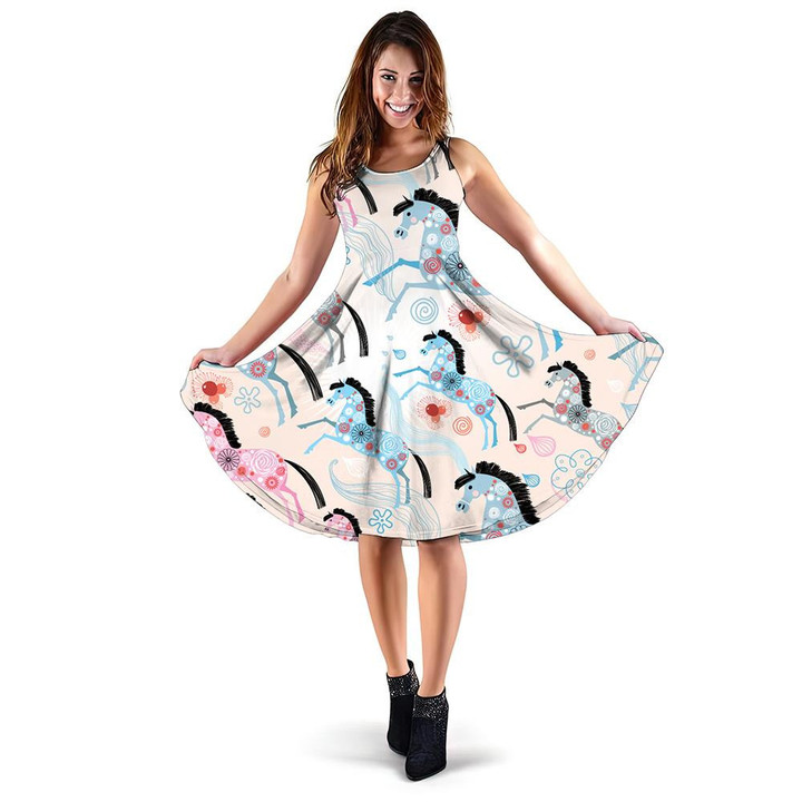Bright Ornamental With Horses On Pink Background 3d Sleeveless Midi Dress