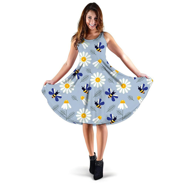 Blue Wing Bees And Chamomile Flowers 3d Sleeveless Midi Dress