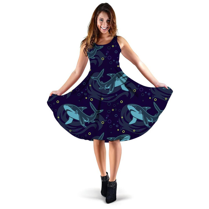 Blue Shark And Colorful Bubbles Under Deep Ocean Design 3d Sleeveless Midi Dress