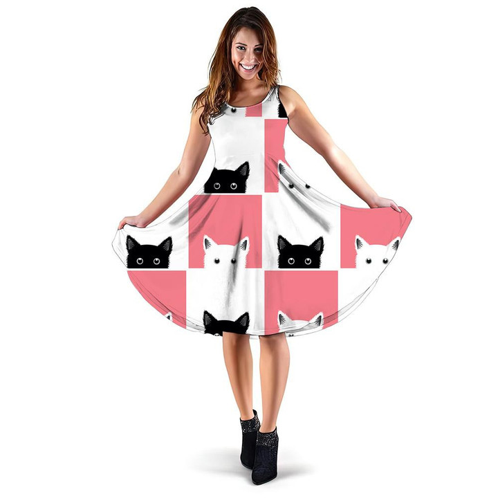 Black White Pink Cat Chess Board Background 3d Sleeveless Midi Dress