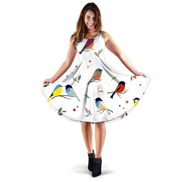 Birds On A Branch Berries And Leaves 3d Sleeveless Midi Dress