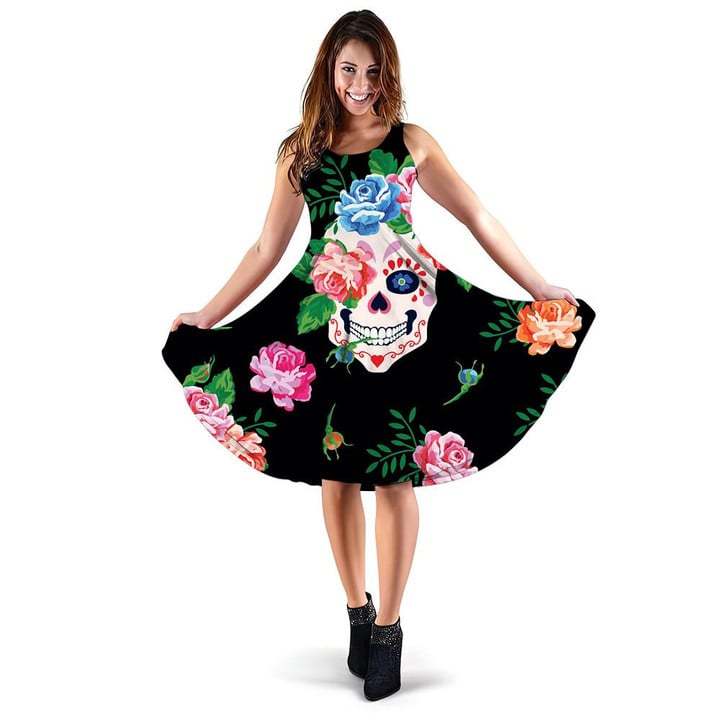 Beautiful Watercolor Floral Skull Smiling Face Pattern 3d Sleeveless Midi Dress