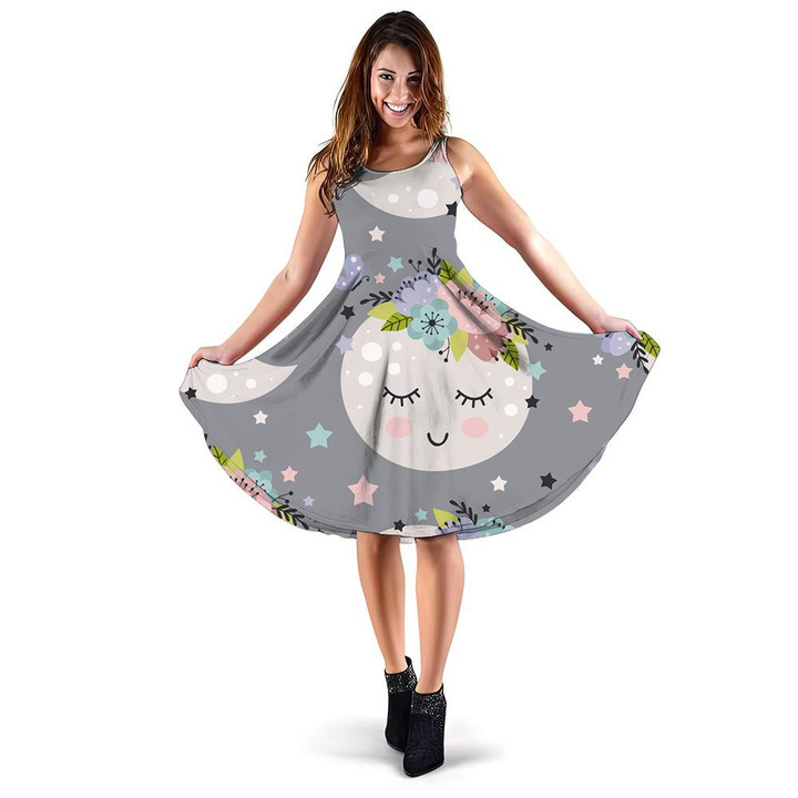 Beautiful Sleeping Moon With Floral And Star 3d Sleeveless Midi Dress