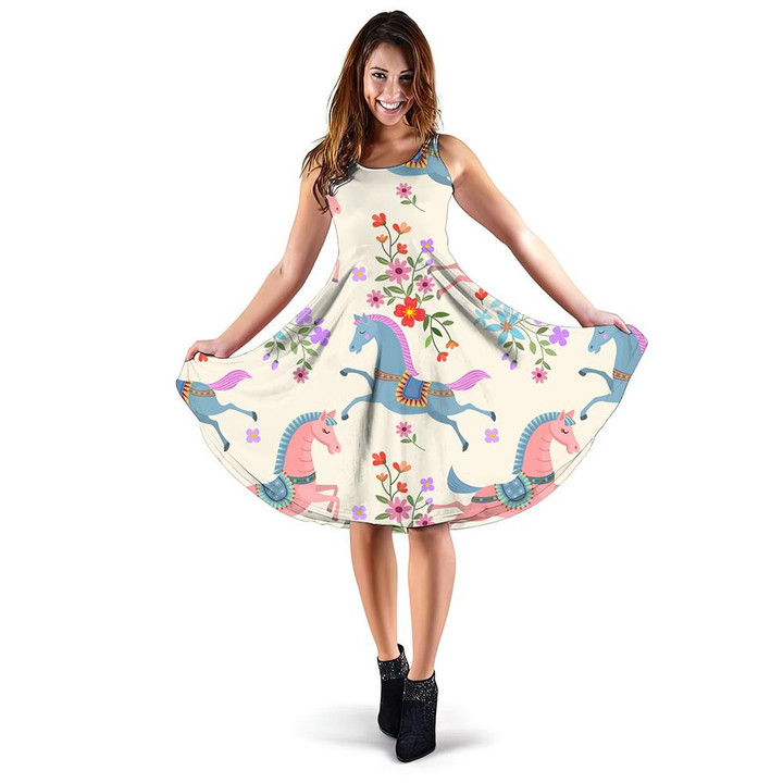 Beautiful Horse And Colourful Flowers Background 3d Sleeveless Midi Dress