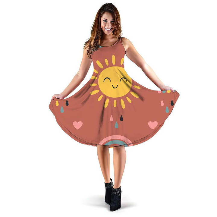 Baby Smiling Sun With Heart And Rainbow 3d Sleeveless Midi Dress