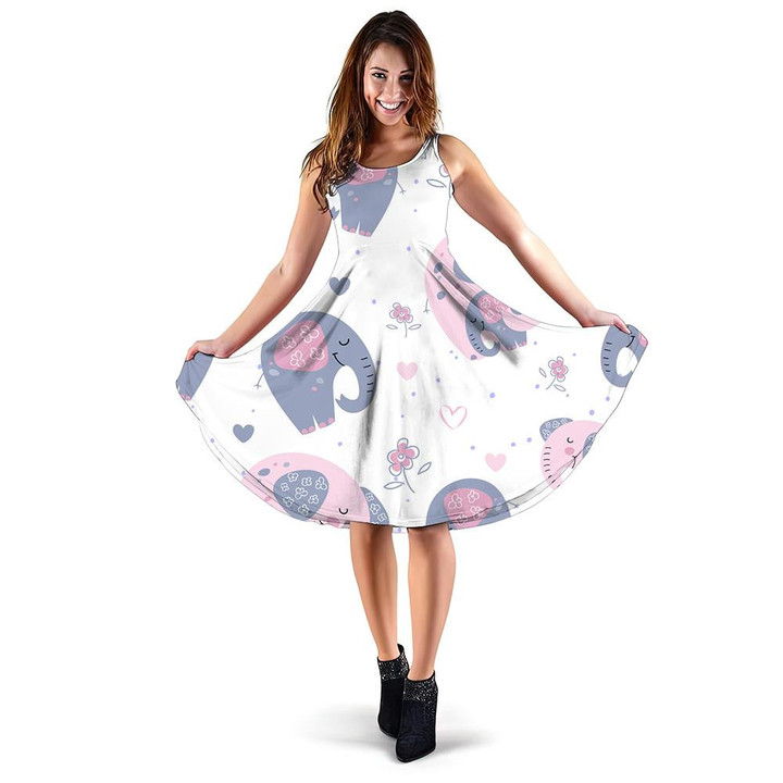 Baby And Mother Elephant Happy Together 3d Sleeveless Midi Dress