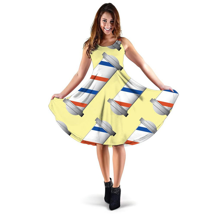 American Flag Colored Striped Barber's Pole Symbol On Yellow Background 3d Sleeveless Midi Dress