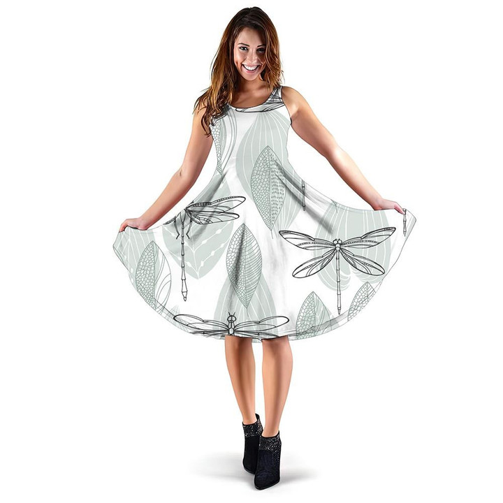 Abstract Leaves And Dragonflies On White 3d Sleeveless Midi Dress